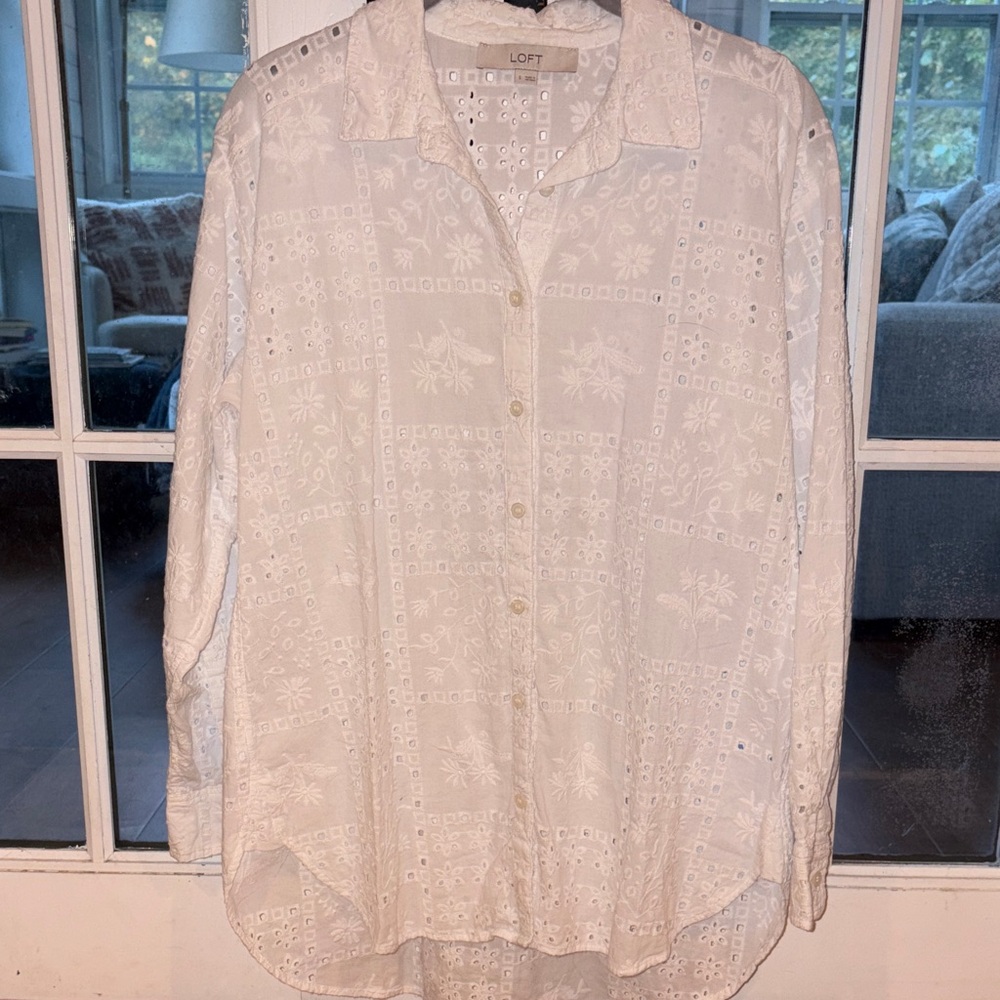 LOFT White Eyelet Button-Up Shirt